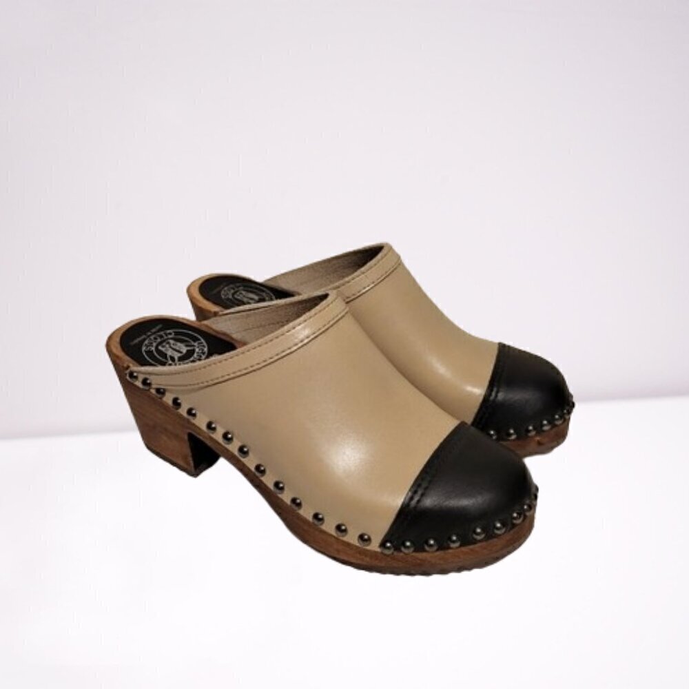 Ugglebo Cameo Captoe Clog Black & Beige Leather Studded Clogs